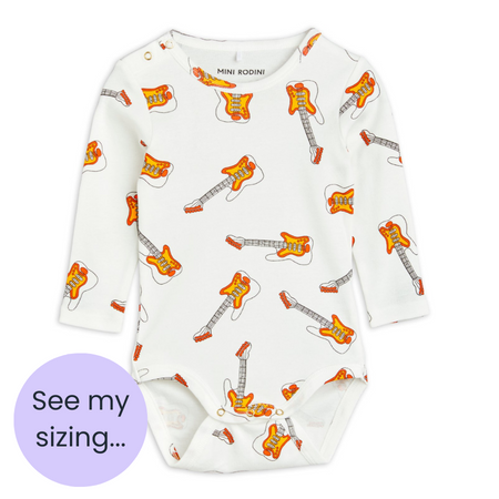 1-4M  Mini Rodini White Guitar Print Long Sleeve Bodysuit