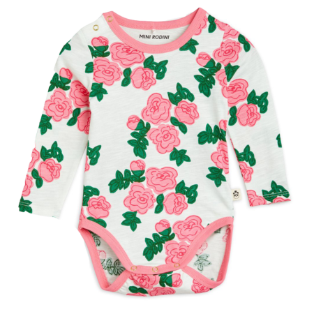 Mini Rodini White & Pink Roses Long Sleeve Bodysuit