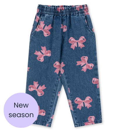Bow print denim frill pants