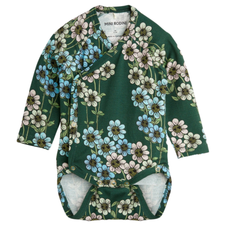 2-4M  Mini Rodini Green Daisy Long Sleeve Bodysuit