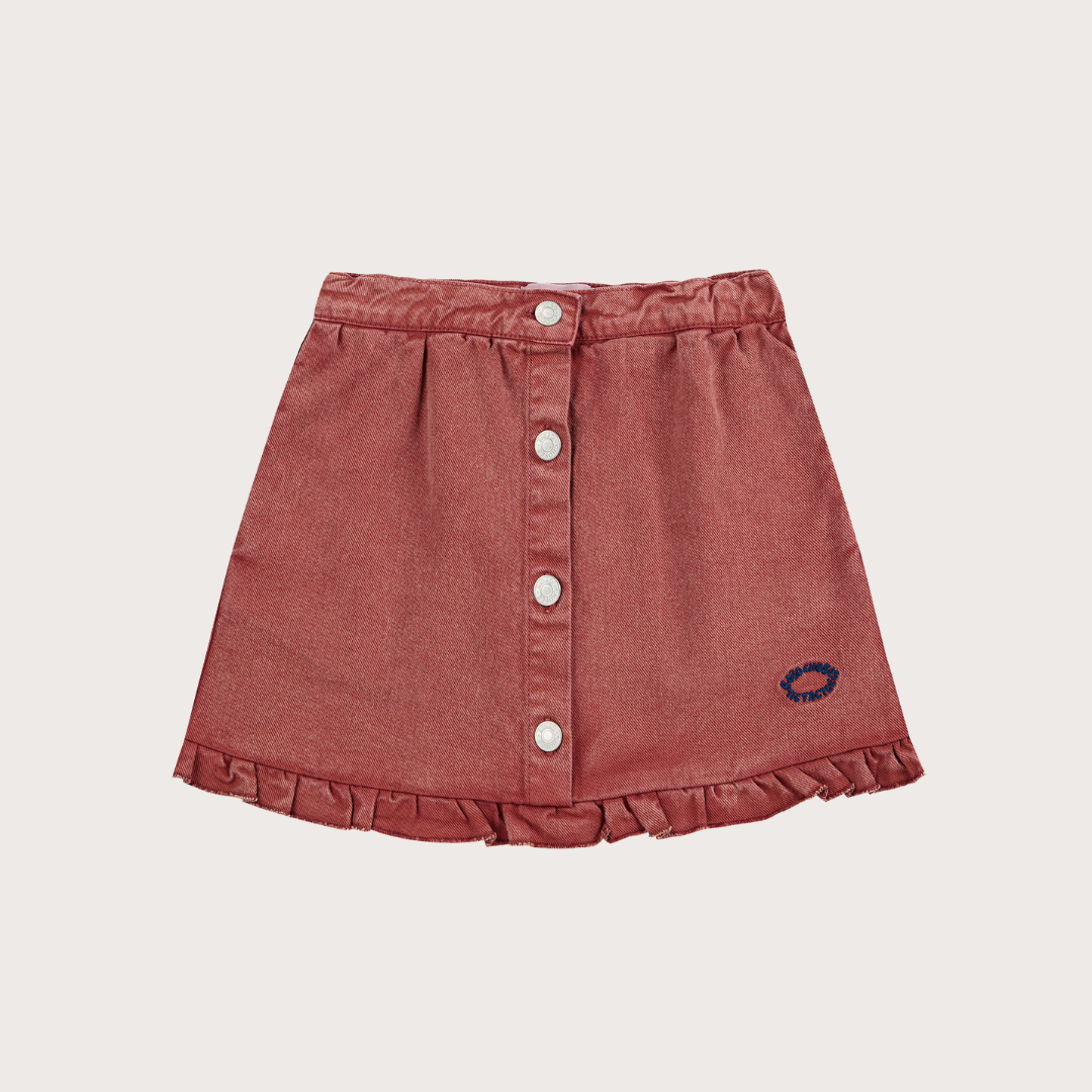 Washed red denim ruffled skirt