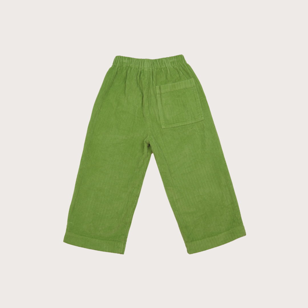 Detail view of hidden side pockets and elasticated waistband on Ever corduroy trousers