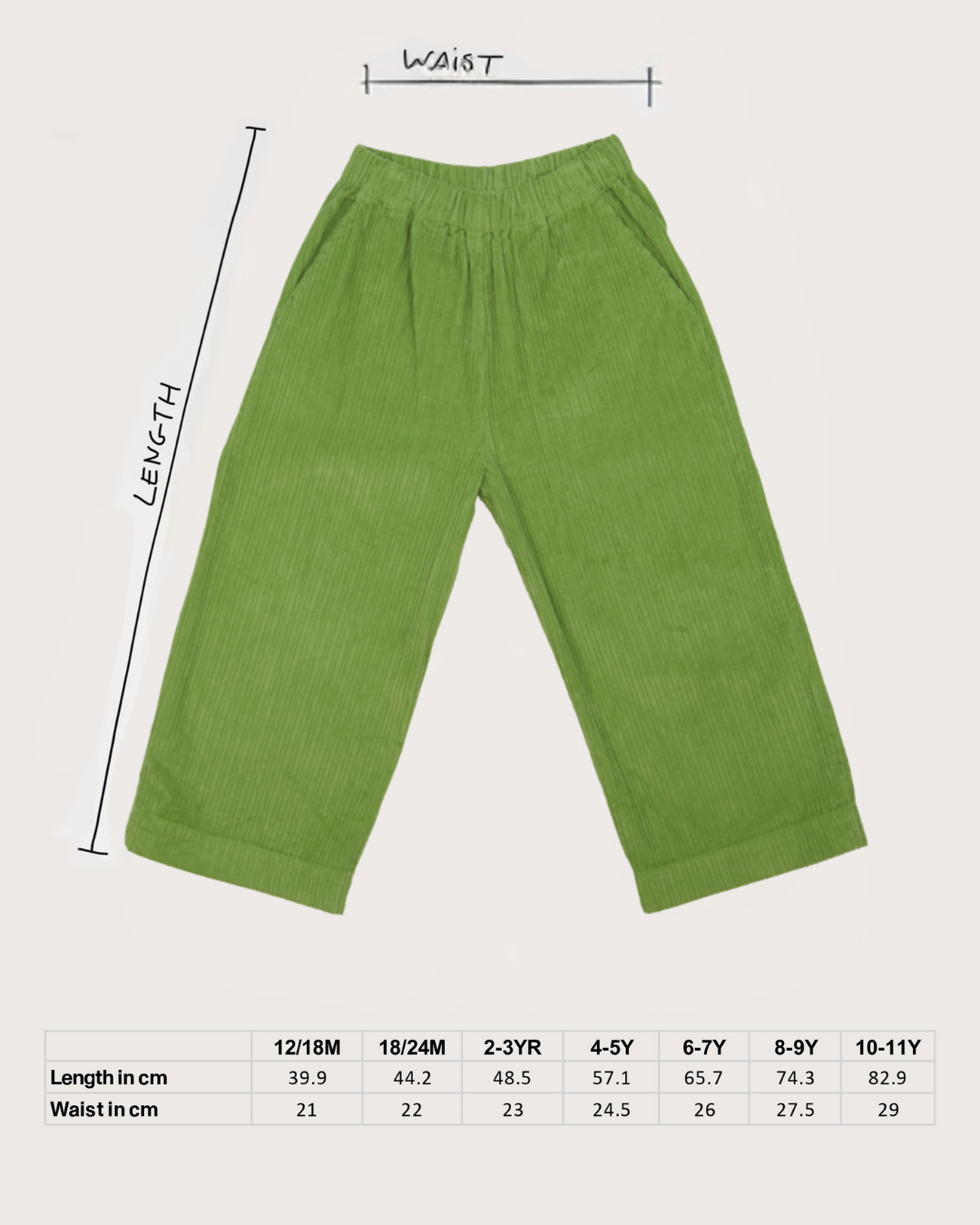 Size guide chart for Ever wide-leg corduroy trousers ages 12 months to 11 years