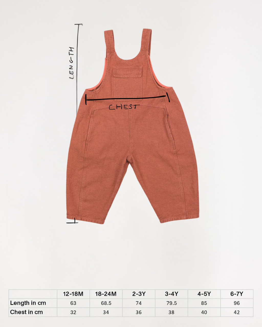 Size guide chart for kai denim dungarees ages 1-7 years unisex design