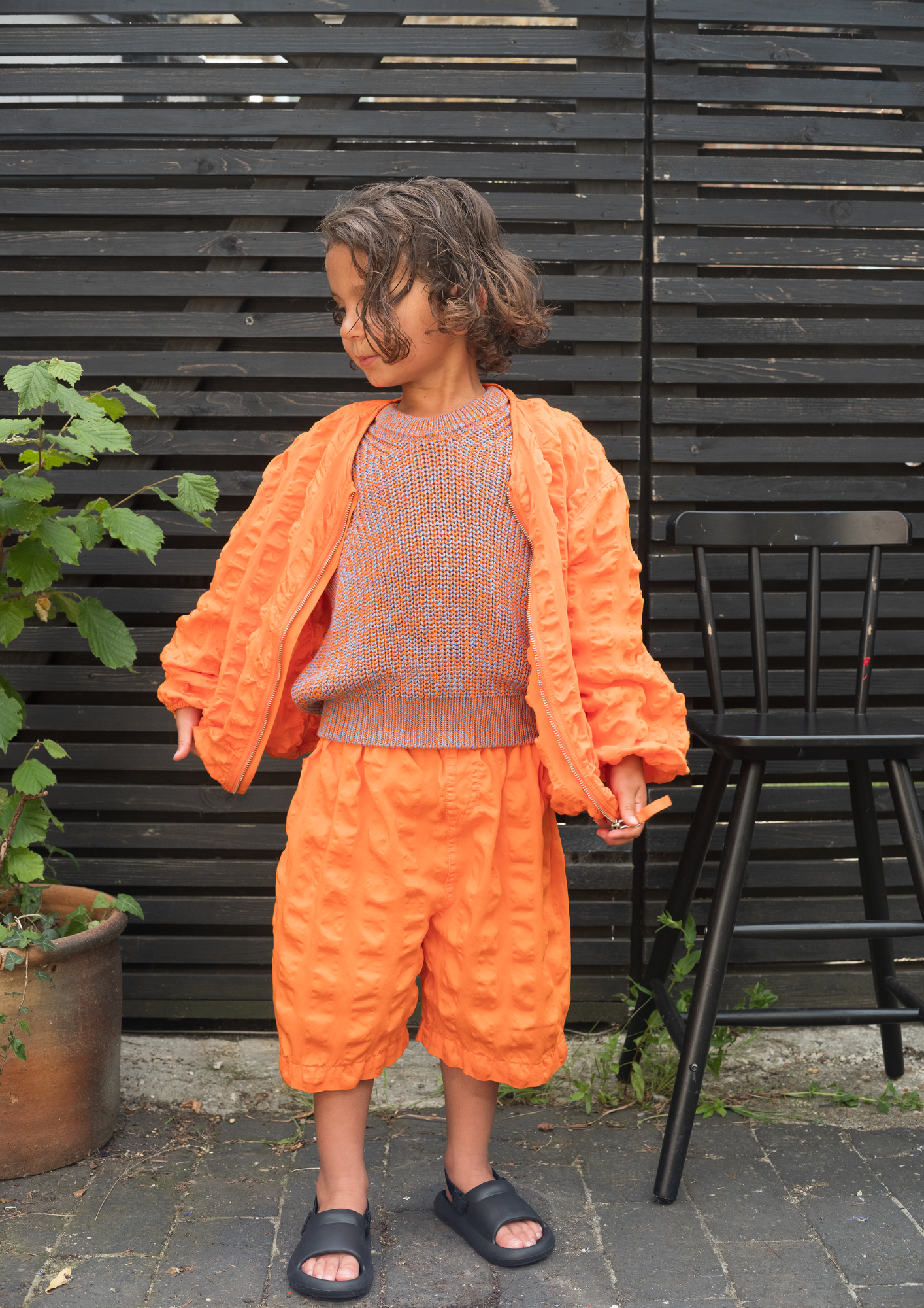 Orange giant seersucker unisex kids shorts in textured organic cotton