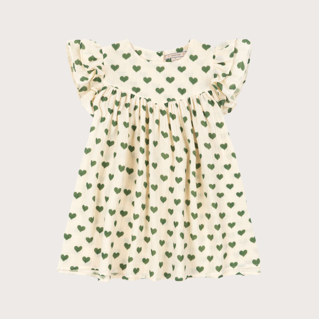 Konges Slojd Cream green heart muslin dress