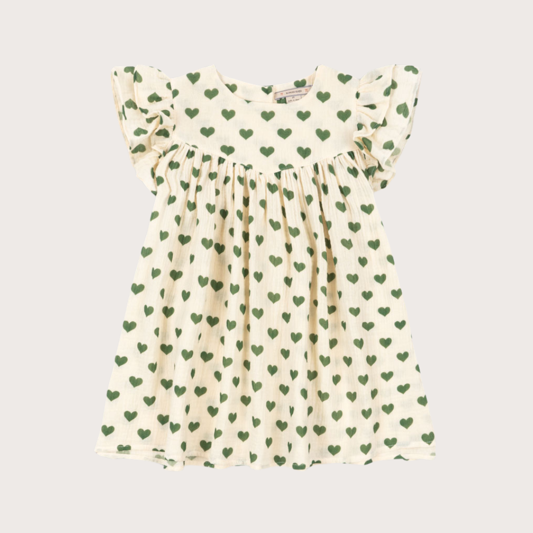 Konges Slojd Cream green heart muslin dress