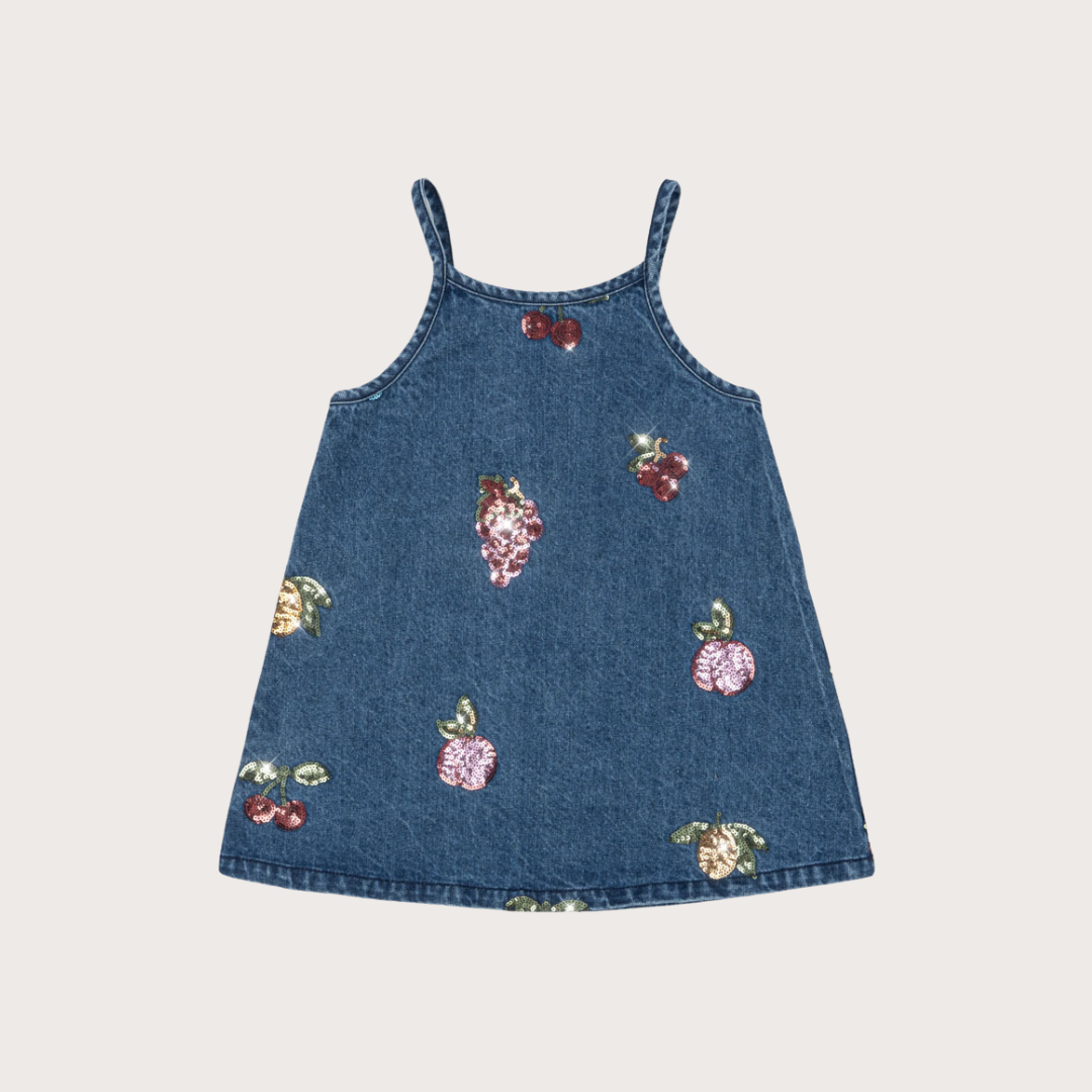 Konges Slojd Denim strappy sequin fruits dress