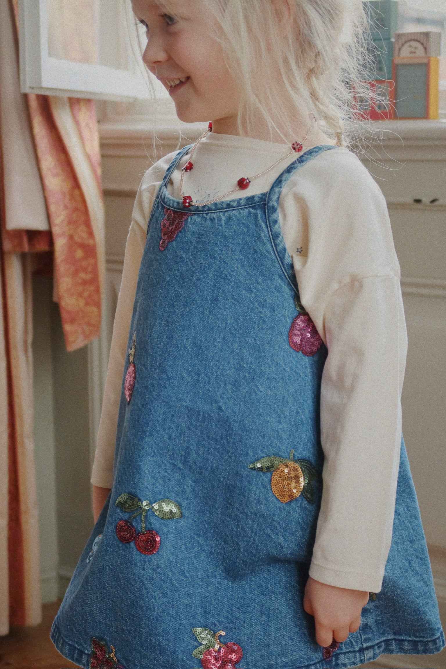 Konges Slojd Denim strappy sequin fruits dress