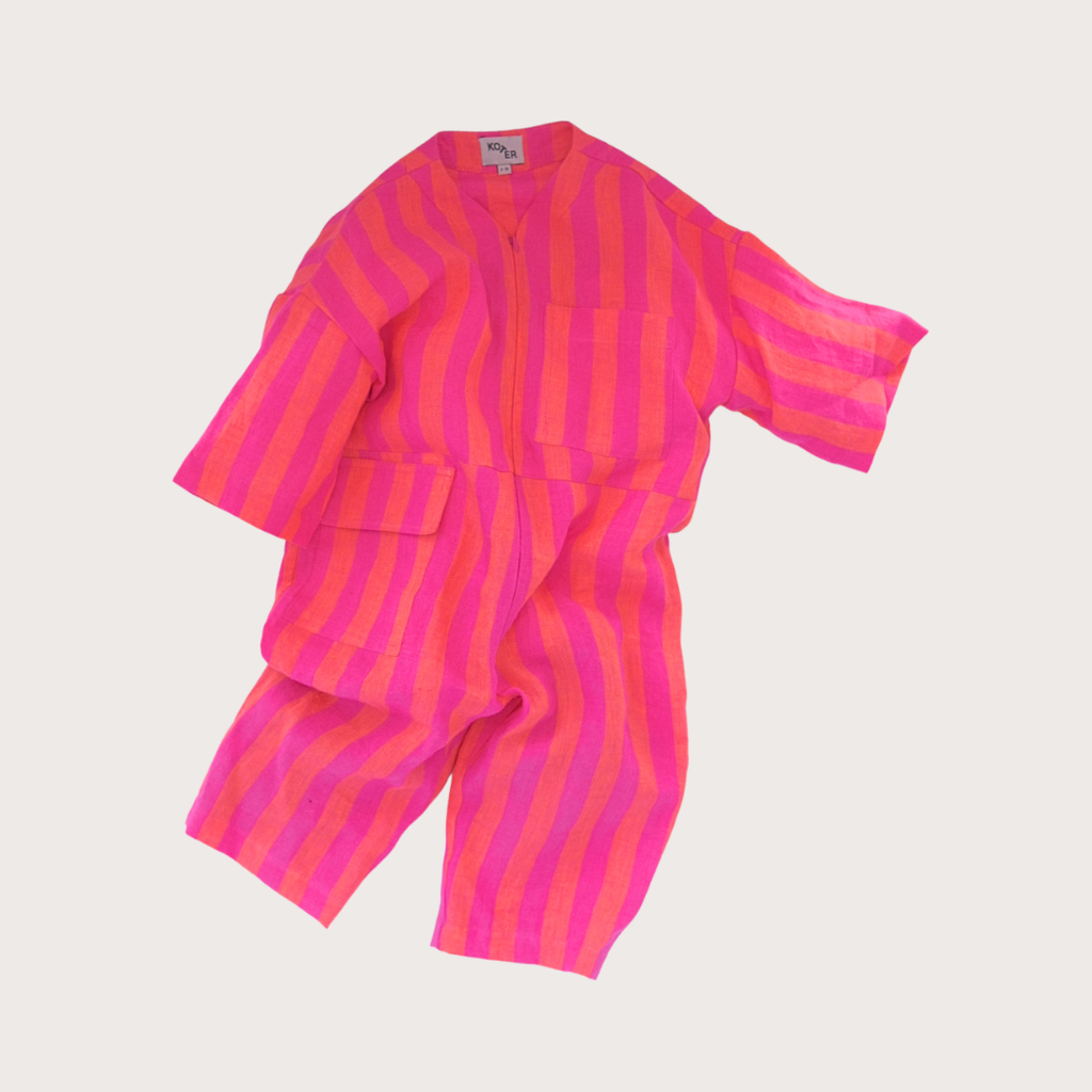 Studio Koter Rae pink and orange stripe linen overalls