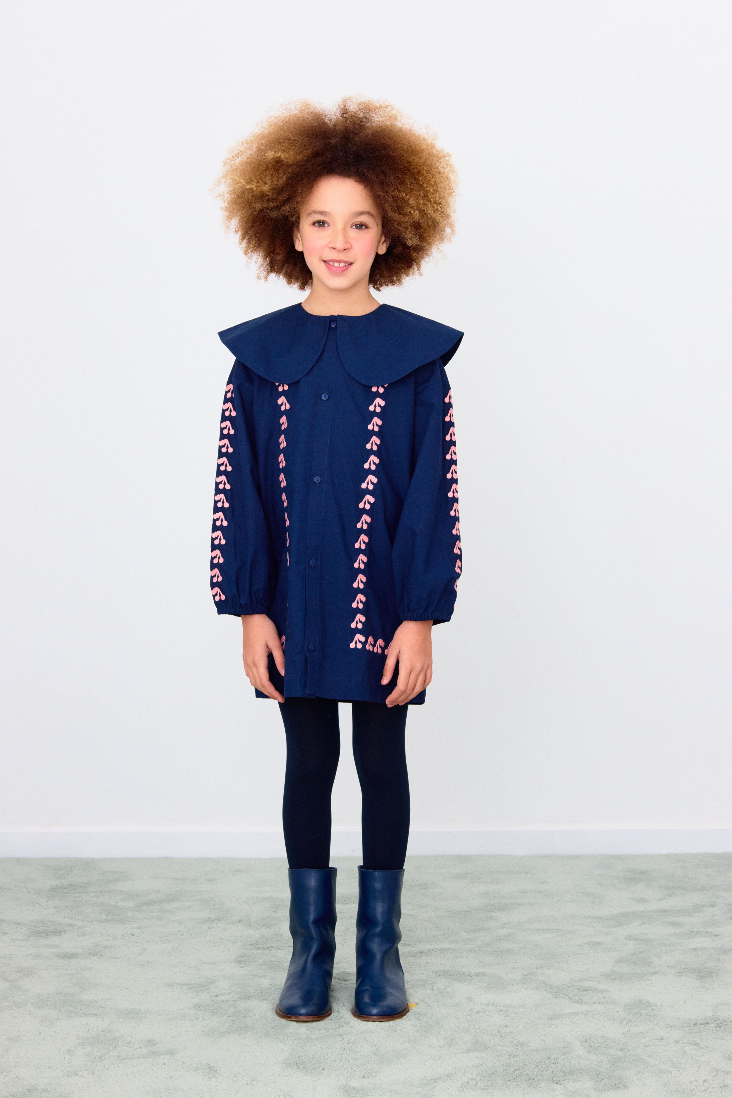 Tiny Cottons Navy mini cherries oversized collar dress