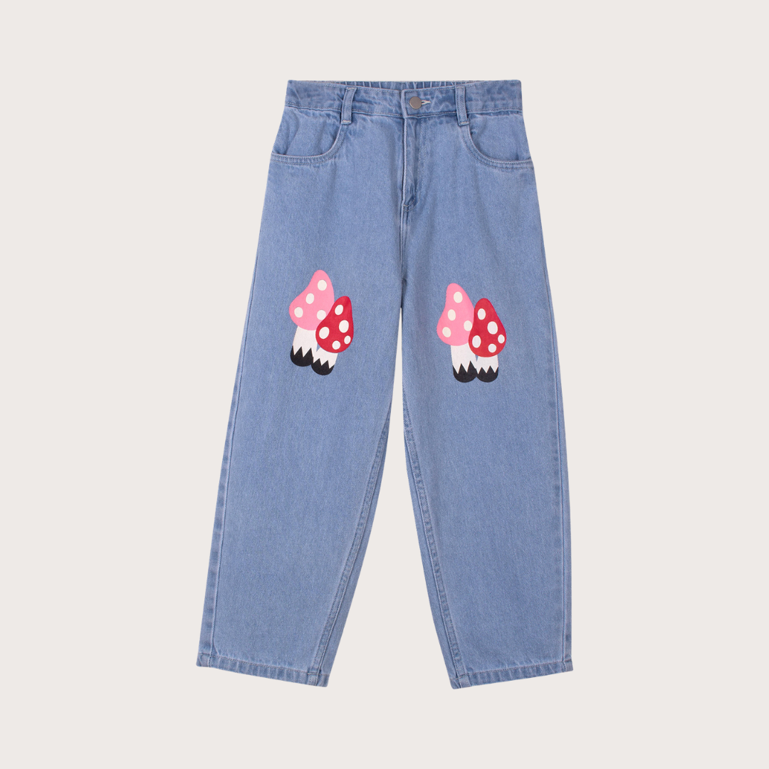 Wynken Mid wash mushroom patch jeans