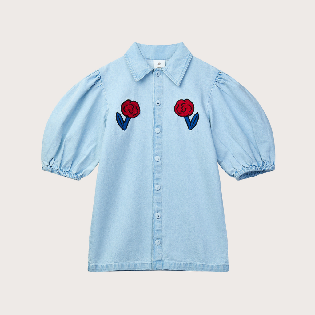 wynken Light denim buttoned dress with roses 6y