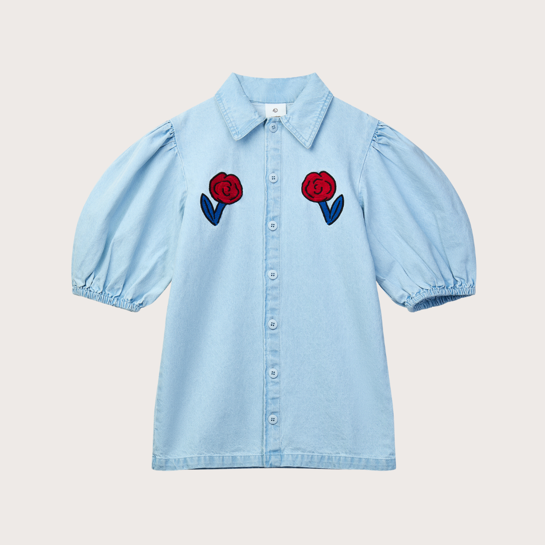 wynken Light denim buttoned dress with roses 6y
